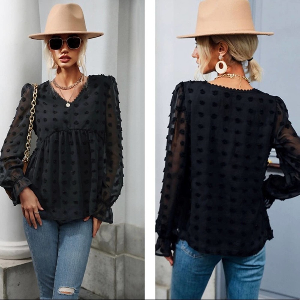 Black Swiss Dot Peplum Blouse - Picture 2 of 3